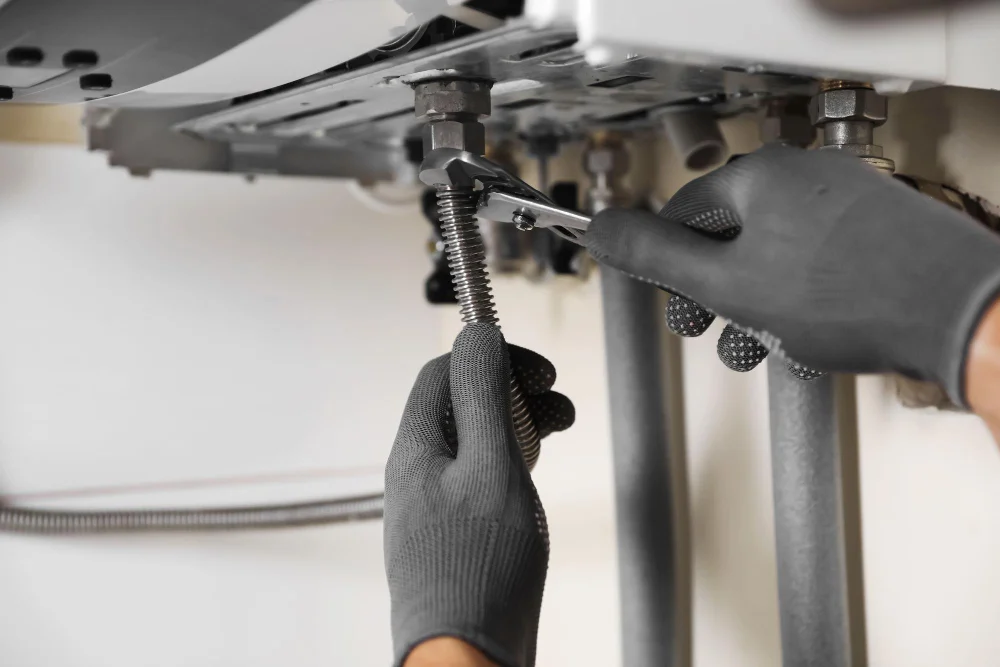 repairing gas boiler with waterpump plier closeup